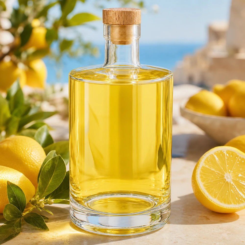 Bouteille en verre Marie de 700 ml avec contenu jaune et citrons disposés de manière décorative sur une table en bois à l'extérieur