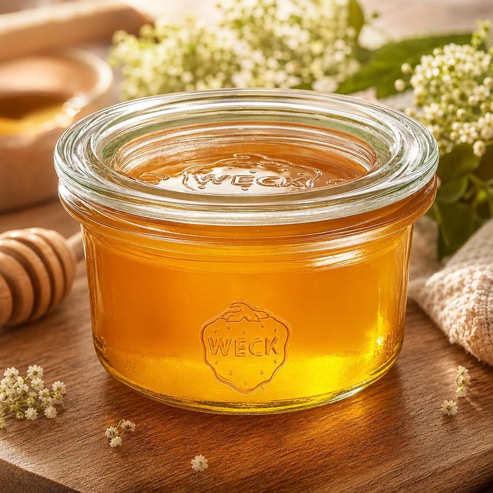 WECK Pot de 50ml rempli de miel à côté d'une cuillère à miel et de fleurs sur une table en bois rustique présentée de manière naturelle