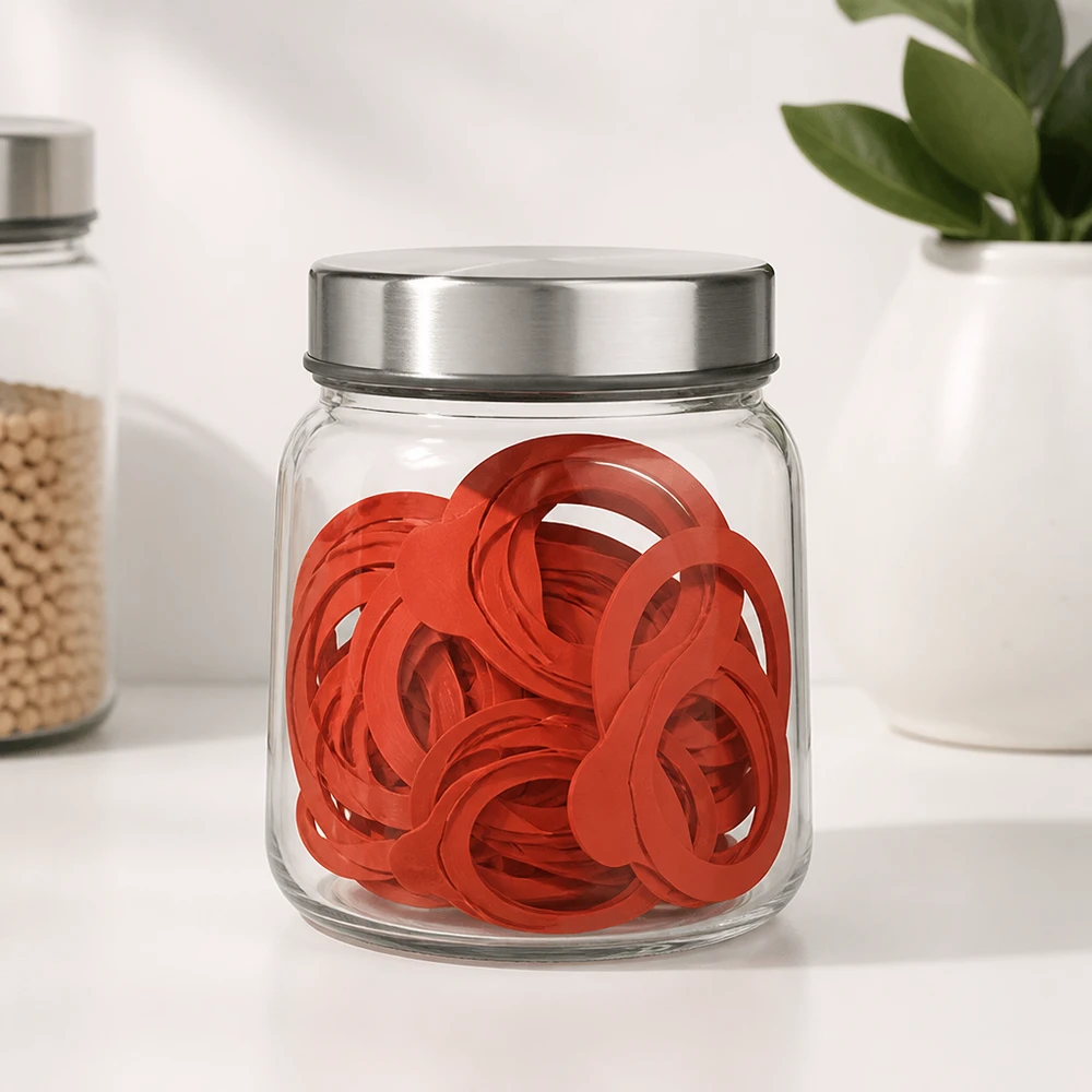 Anneaux de mise en conserve RR60 caoutchouc naturel orange dans boîte en verre avec couvercle métallique cuisine blanche moderne conservation anneaux d'étanchéité