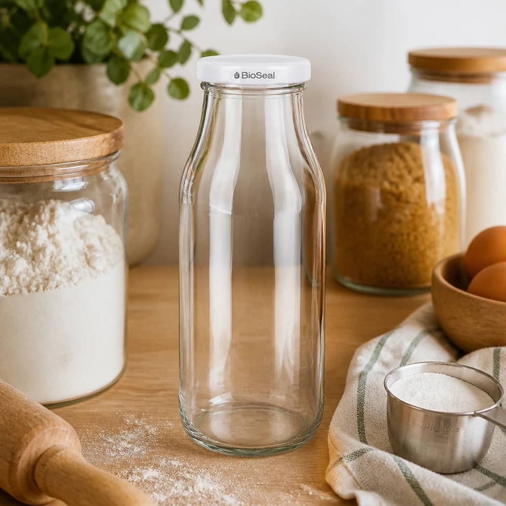 UNiTWIST Bottle263 Bouteille en verre vide dans un environnement de cuisine avec placards de rangement et ustensiles de cuisine en bois