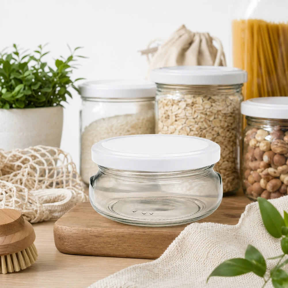 Pot à terrine vide de 120 ml avec couvercle blanc dans une cuisine durable zéro déchet avec des bocaux à provisions et des produits écologiques