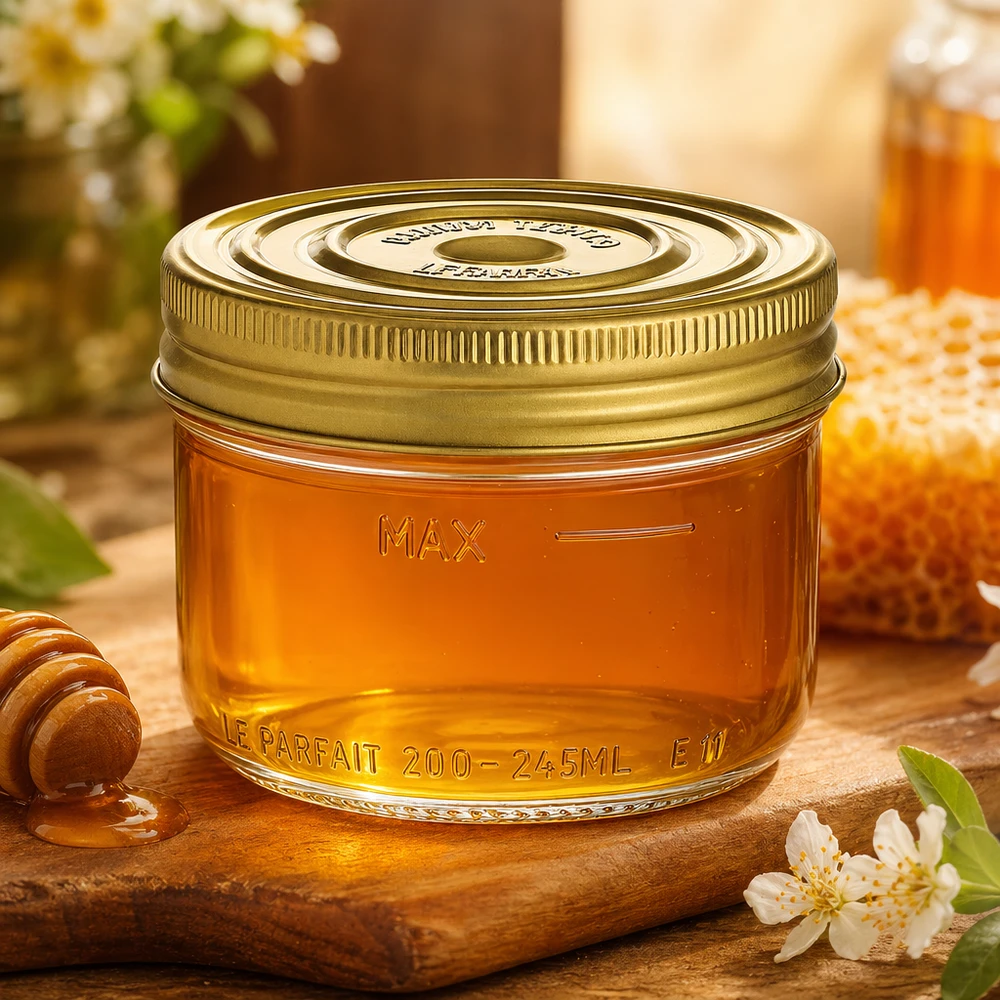 245ml pot renversé Familia Wiss avec couvercle doré rempli de miel sur planche en bois avec cuillère à miel et fleurs