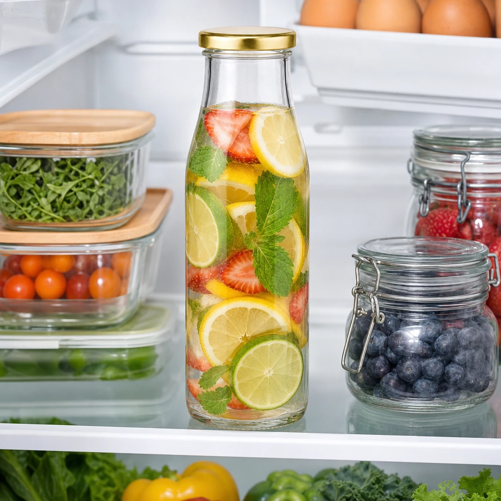 500ml Bouteille avec couvercle BasicSeal or UNiTWIST Bouteille en verre BasicSeal or de 500 ml remplie d'eau aux fruits Citron Fraise Menthe dans le réfrigérateur ouvert