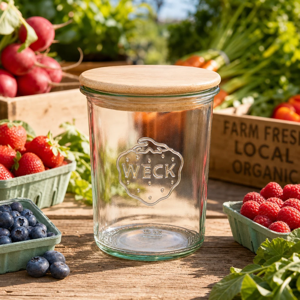 160ml bocal conique WECK RR60 avec couvercle en bois WECK Pot de conserve 160ml RR60 entre baies fraîches et légumes sur table en bois Décoration de cuisine naturelle