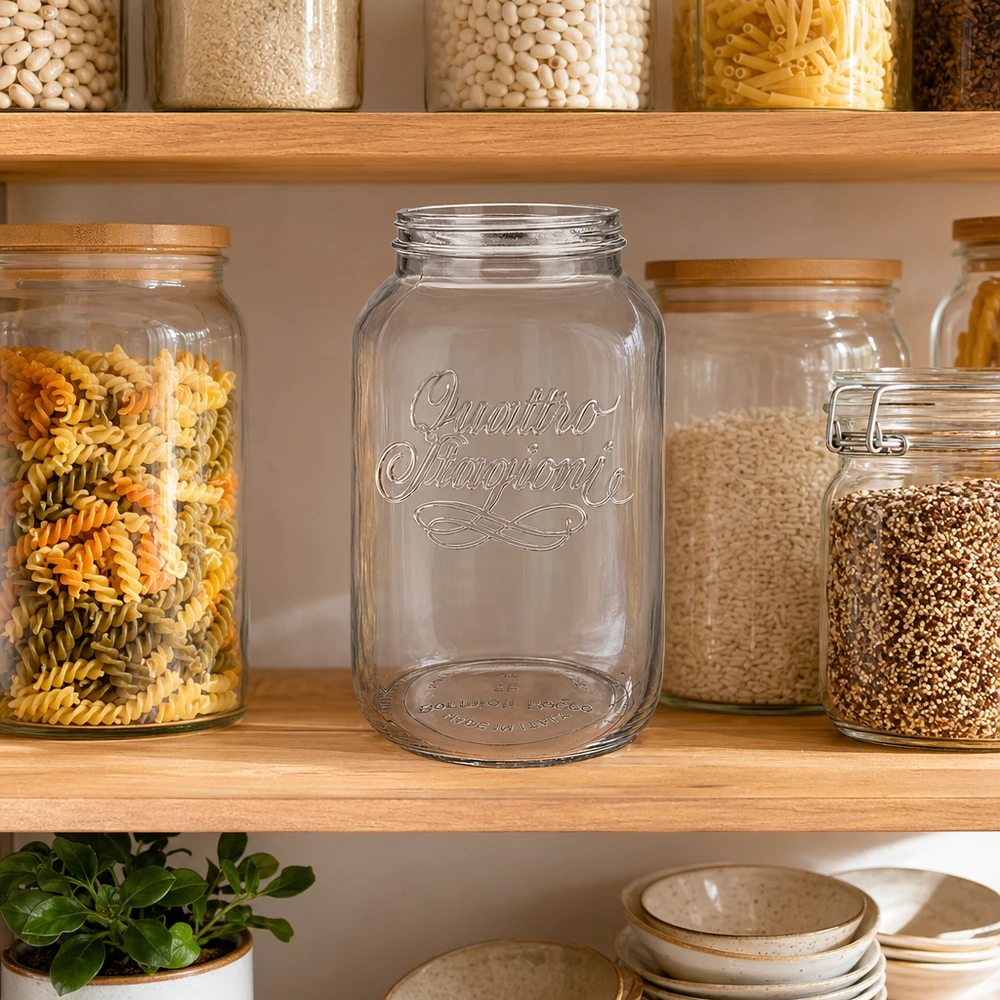 3800ml Verre rond "Quattro Stagioni" QS110mm Quattro Stagioni Verre de ménage 3800ml vide dans la cuisine entre des bocaux à provisions remplis sur une étagère en bois