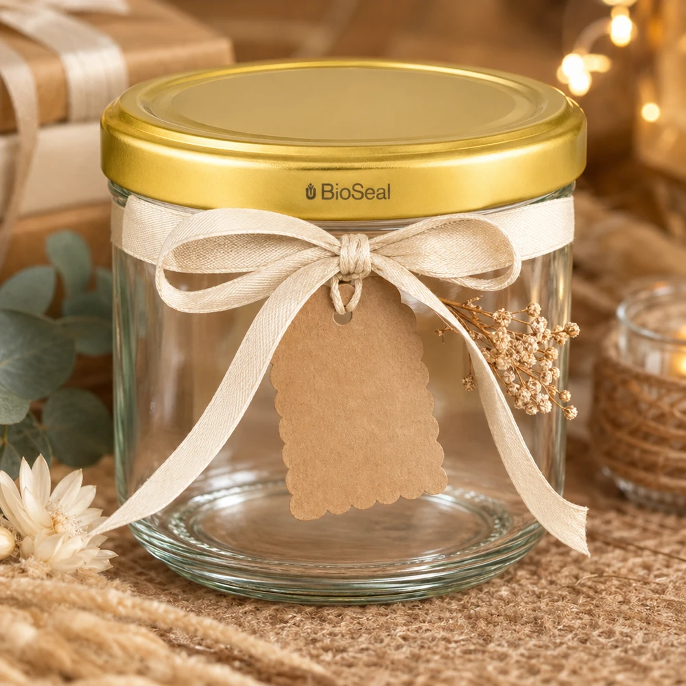 260ml Verre conique avec couvercle BioSeal or UNiTWIST UNiTWIST Verre renversé 260ml comme emballage cadeau avec ruban et étiquette cadeau - couvercle TO82 BioSeal doré