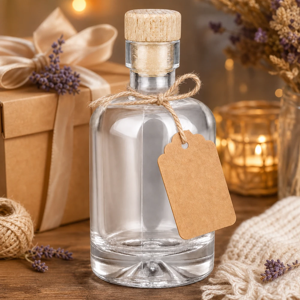 Bouteille en verre Amélie de 50 ml comme set cadeau, décorée avec un pendentif en papier kraft à la lavande et une bougie chaude