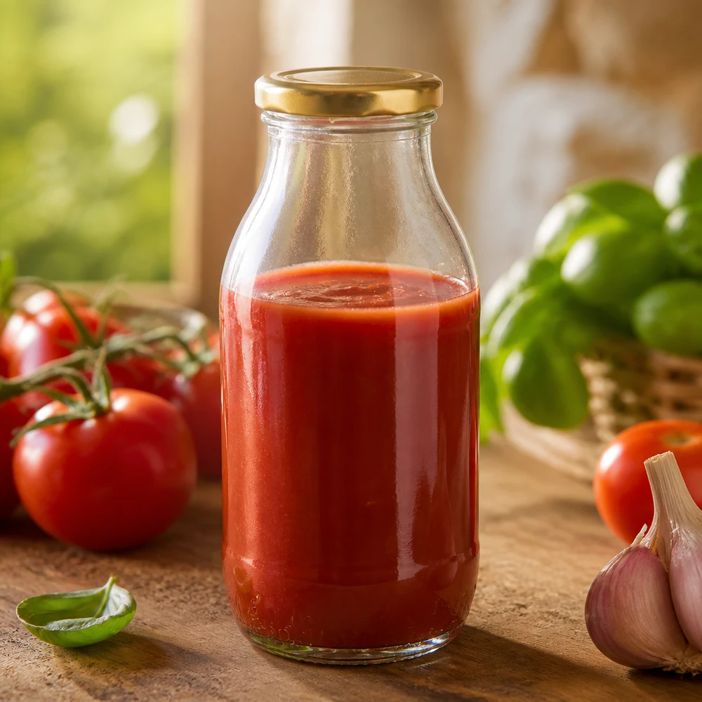 250ml Glasflasche + BasicSeal Deckel gold UNiTWIST Bouteille en verre UNiTWIST de 250 ml contenant de la sauce tomate et dotée d'un bouchon BasicSeal Gold, entourée d'ingrédients frais
