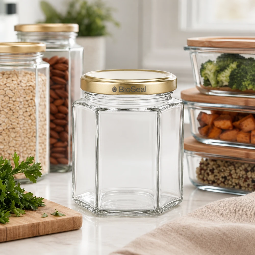 Pot à miel 250 g avec couvercle doré BioSeal UNiTWIST 250g pot de miel hexagonal vide BioSeal couvercle doré cuisine moderne avec bocaux à provisions noix légumes herbes aromatiques