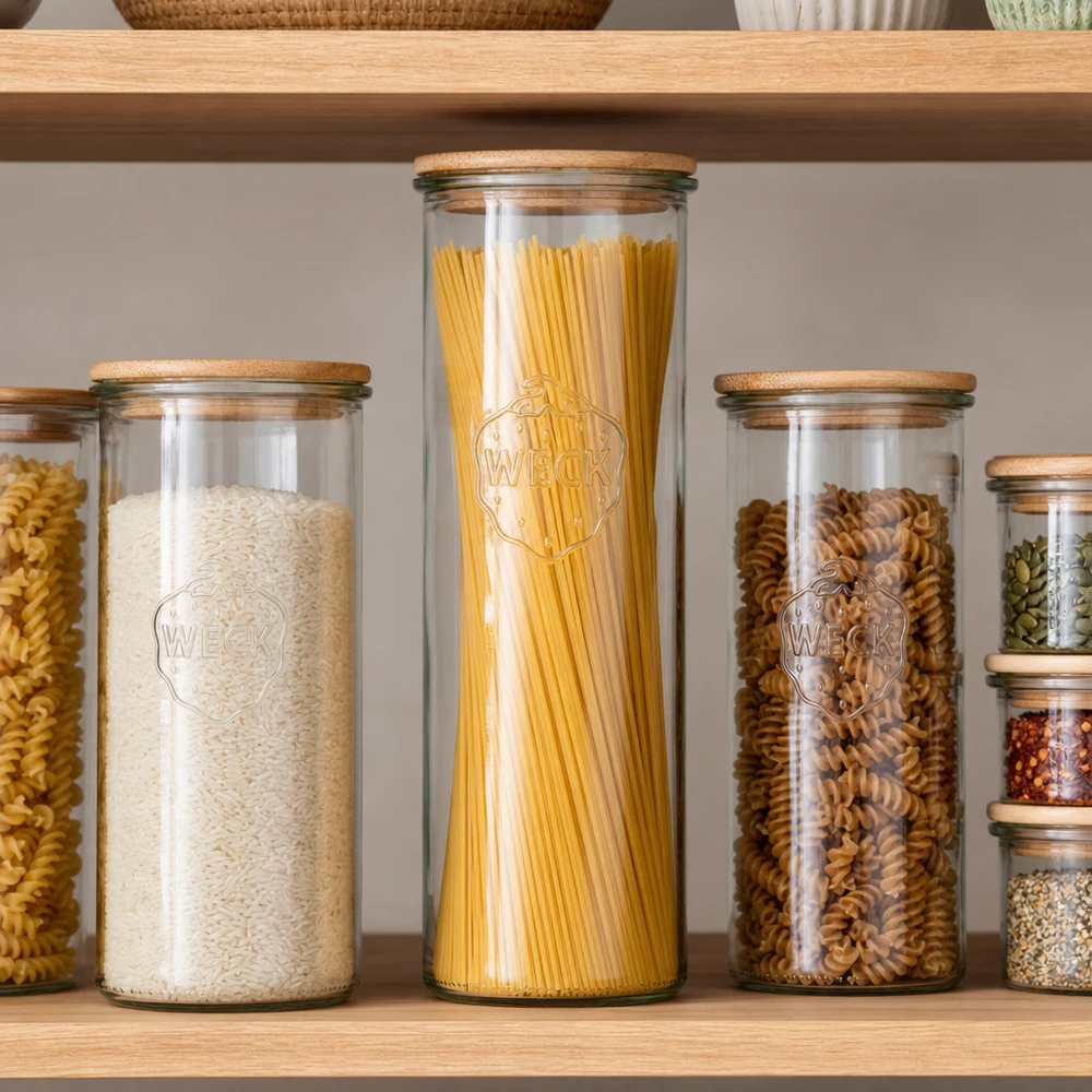 1500ml bocal conique WECK RR100 avec couvercle en bois WECK Bocal à provisions 1500ml RR100 avec couvercle en bois pour spaghettis riz pâtes organisation parfaite de la cuisine Pantry