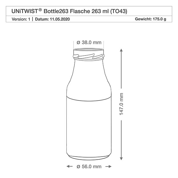 263ml Bouteille sans bouchon (TO43) UNiTWIST UNiTWIST Bottle263 Bouteille en verre 263ml TO43 avec dimensions 147mm hauteur 56mm diamètre dessin technique