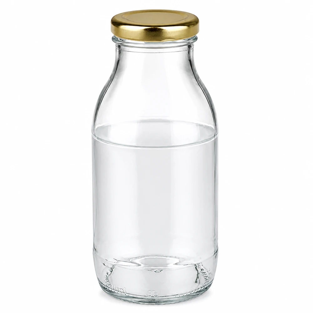 Bouteille en verre de 250 ml avec bouchon BasicSeal doré de la marque UNiTWIST, transparente et vide