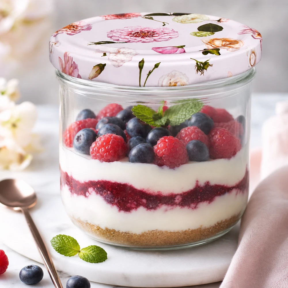 Verres de 260 ml + couvercle BasicSeal fleur rose UNiTWIST Pot renversé 260ml avec couvercle à fleur rempli de dessert aux fruits rouges - Exemple d'utilisation pour pot de conservation