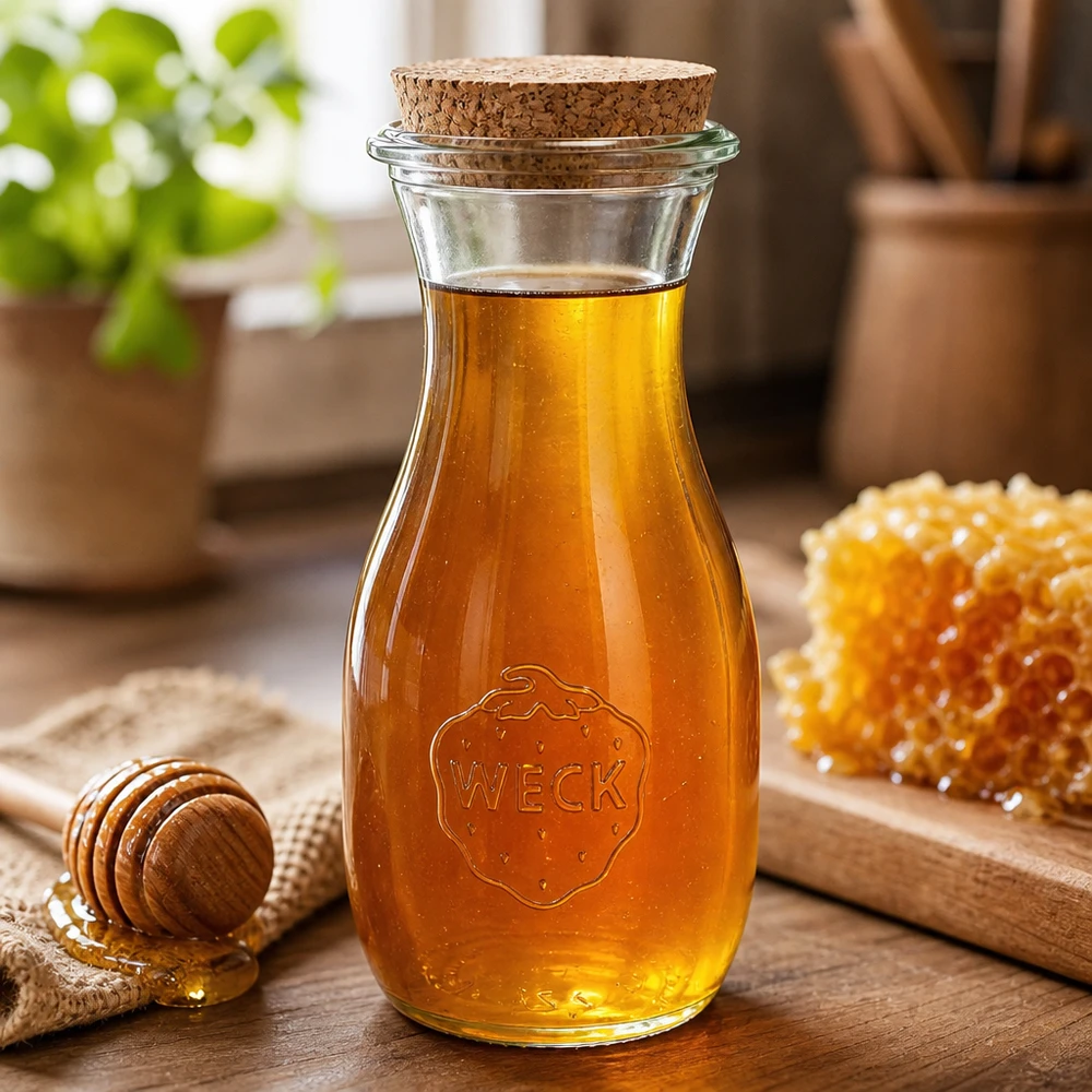 530ml Bouteille à jus de fruits WECK RR60 avec bouchon nature WECK Bouteille en verre 530ml remplie de miel à côté du miel en rayon et cuillère à miel sur planche en bois cuisine rustique