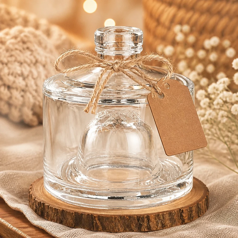 Bouteille en verre 200 ml « Barbara » sans bouchon UNiTWIST® Bouteille en verre Barbara de 200 ml présentée de manière décorative sur un disque en bois avec une boucle en jute et une étiquette cadeau rustique