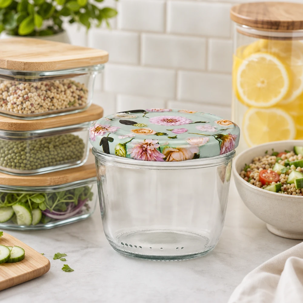 Verre renversé de 230 ml avec couvercle BasicSeal fleur menthe dans une cuisine stylée avec Meal Prep Bowls et bocaux à provisions