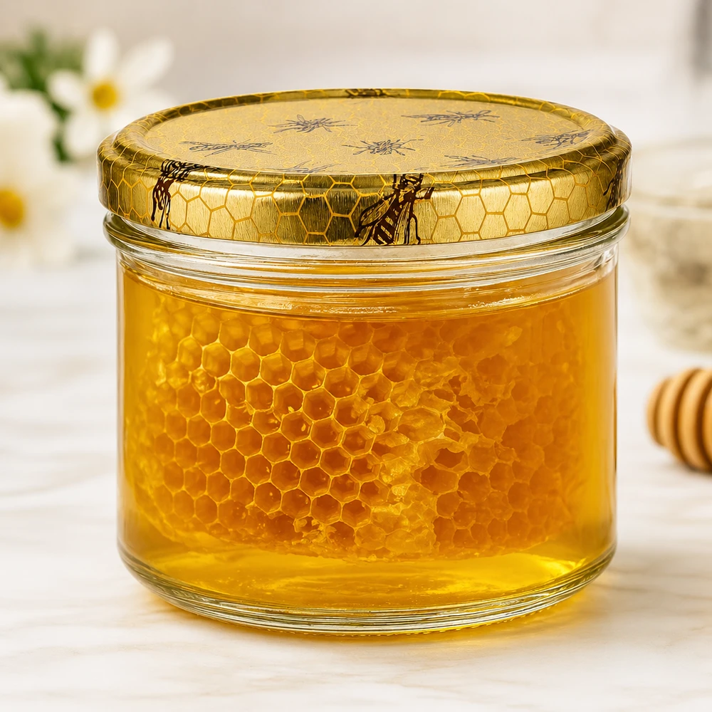 Pot à miel 250 g avec couvercle motif rayon de miel BasicSeal UNiTWIST Pot de miel rempli de 250g avec un vrai nid d'abeille et un couvercle décoratif montrant du miel doré dans le pot