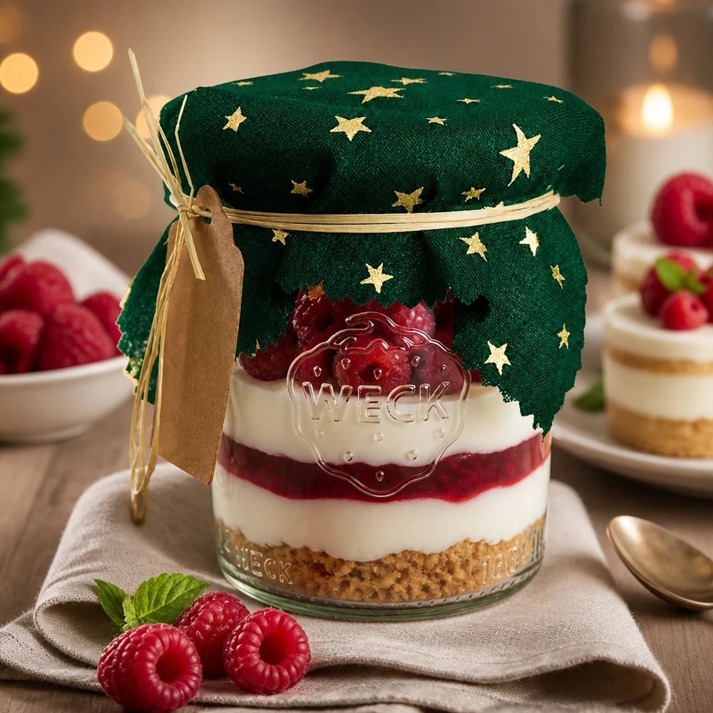 Couvercle en tissu étoiles vertes 120x120mm carré Dessert festif en verre avec couvercle décoratif vert étoilé 12cm carré, framboises et crème comme idée de cadeau