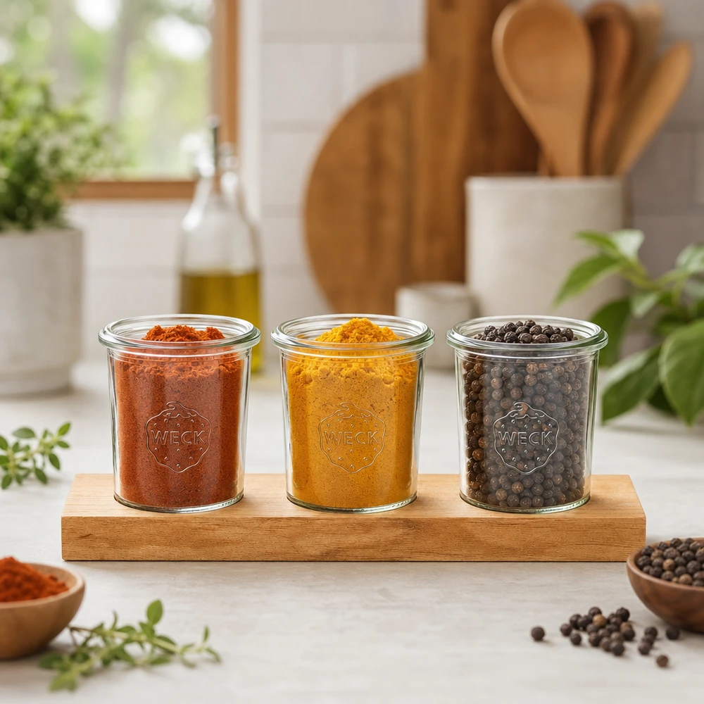Plateau de service Plano3 avec 3 bocaux Weck de 160 ml Verres de réveil 160ml avec épices Curcuma et poivre sur planche de service en bambou dans une atmosphère de cuisine naturelle