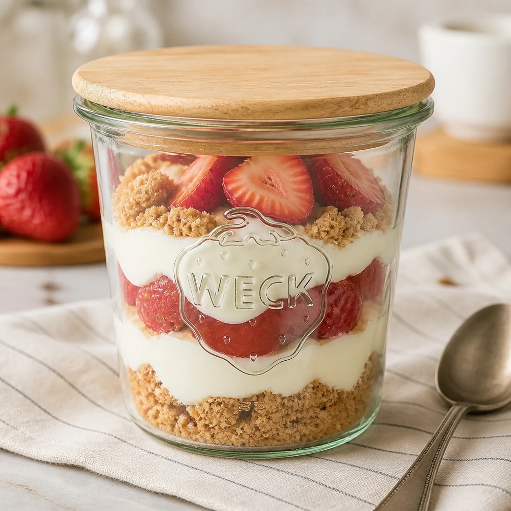 WECK Verre renversé 580ml comme coupe à dessert avec fraises et miettes de biscuits, couvercle en bois fermé sur la table de cuisine