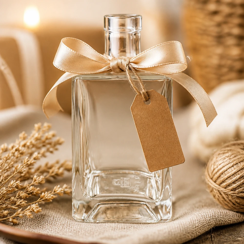 Bouteille en verre Ben de 700 ml décorée avec un ruban doré et une étiquette cadeau pour une idée de cadeau.