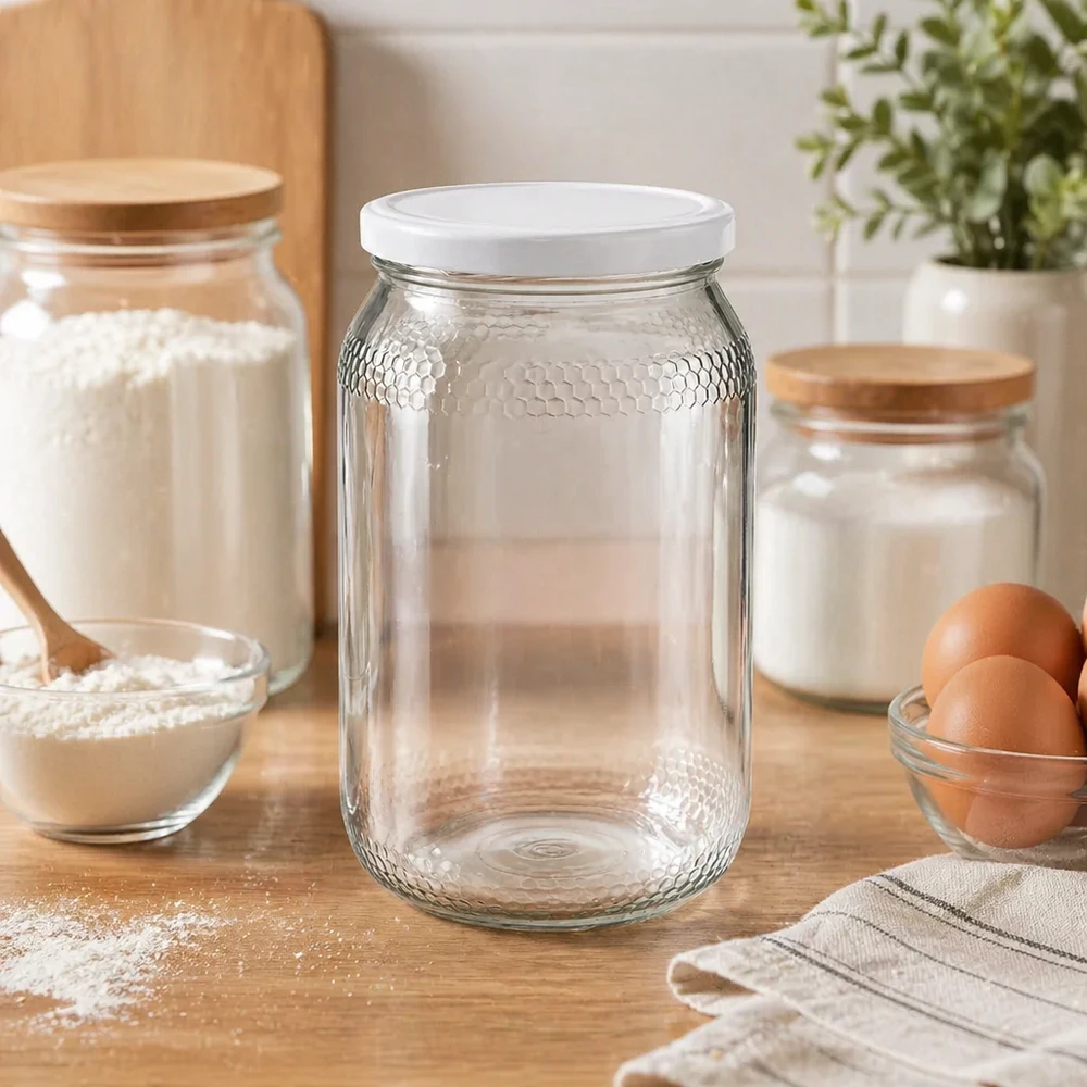 Pot à miel 1260 g avec couvercle blanc BasicSeal UNiTWIST Pot de miel 900ml vide dans ambiance cuisine avec ingrédients de cuisson farine oeufs montre rangement pratique BasicSeal couvercle