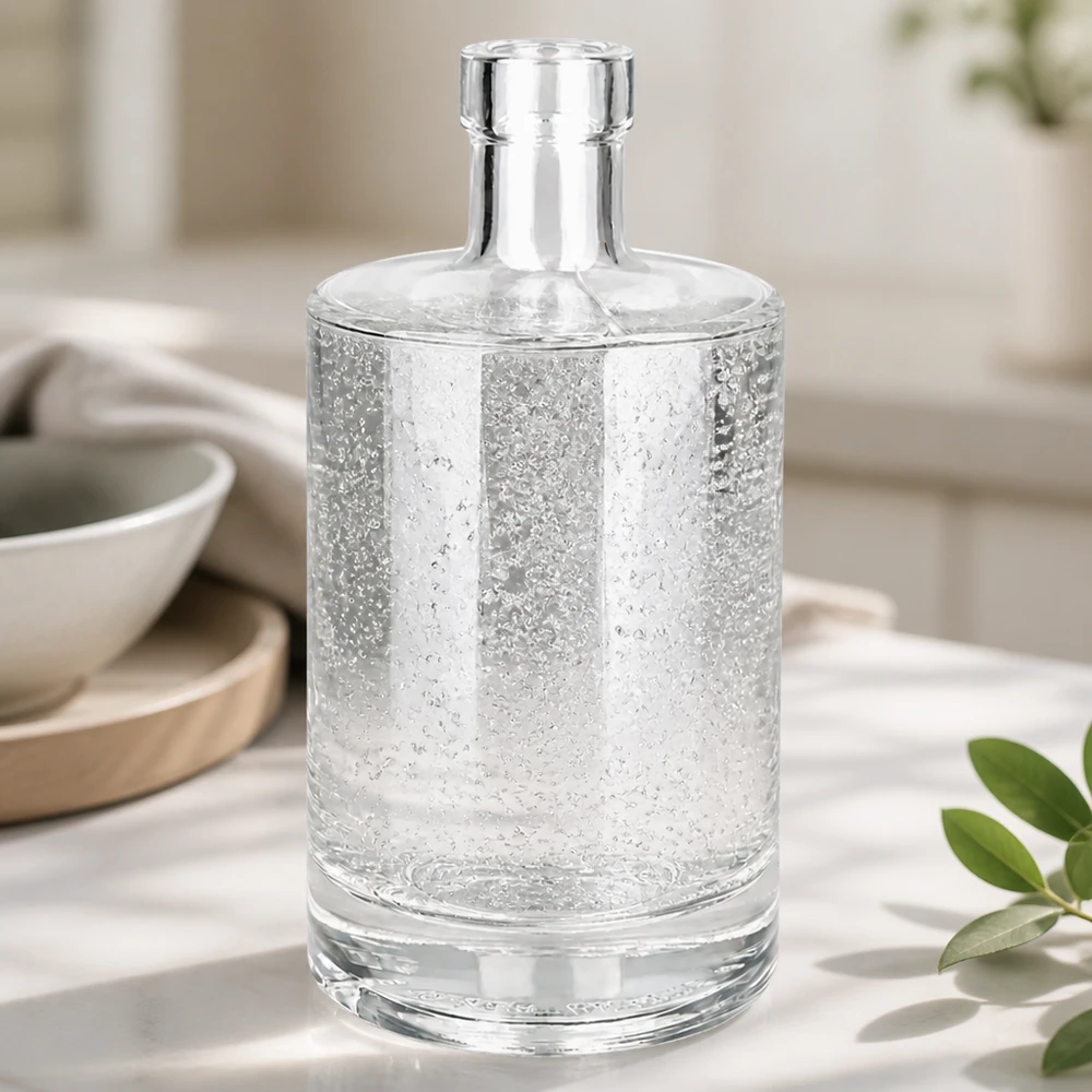Bouteille en verre Marie de 500 ml remplie d'eau montre la transparence et la qualité de la bouteille UNiTWIST dans l'ambiance de la cuisine