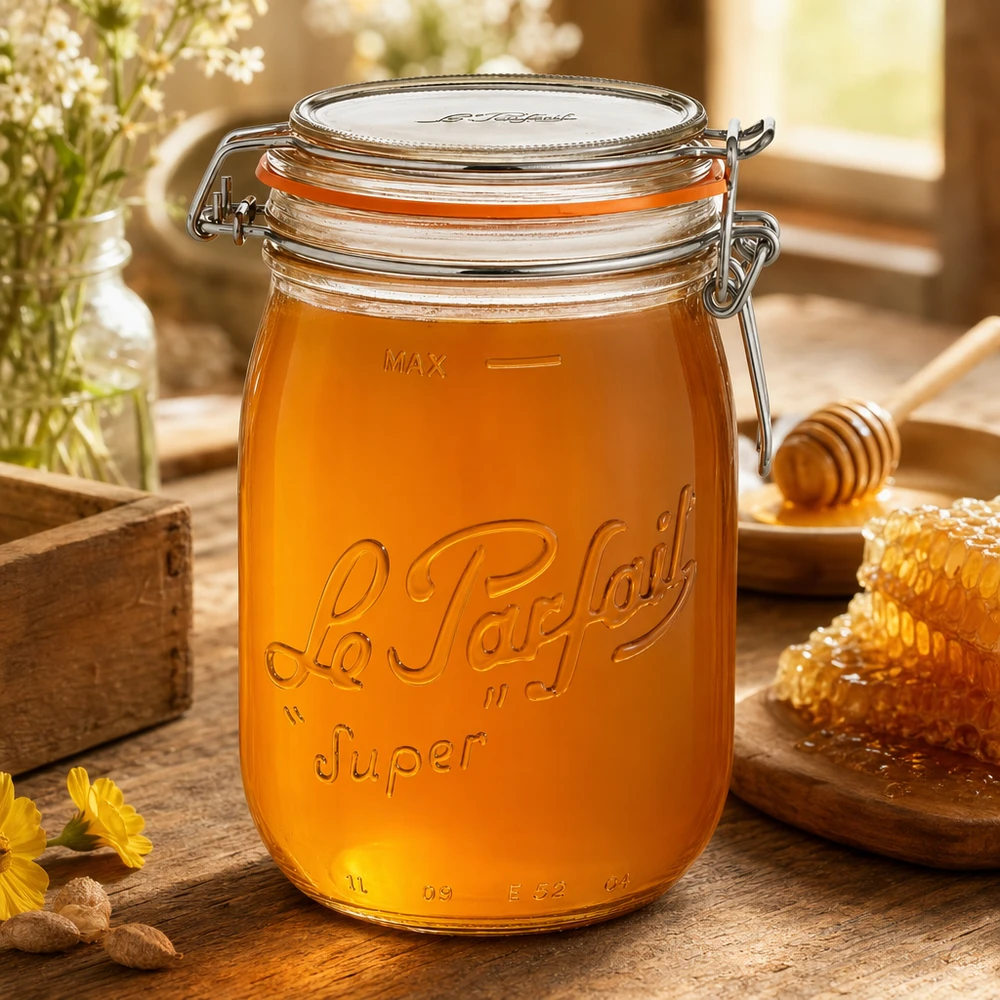 1000ml Le Parfait Super pot à provisions avec fermeture à étrier rempli de miel sur table en bois avec alvéoles et cuillère à miel
