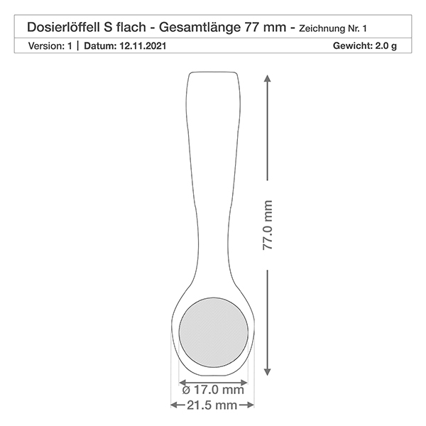Pelle en bois taille S en forme de cuillère - 77mm de long Dessin coté détaillé petite pelle en bois 77mm Longueur 21,5mm Largeur 17mm Diamètre du godet Spécification technique