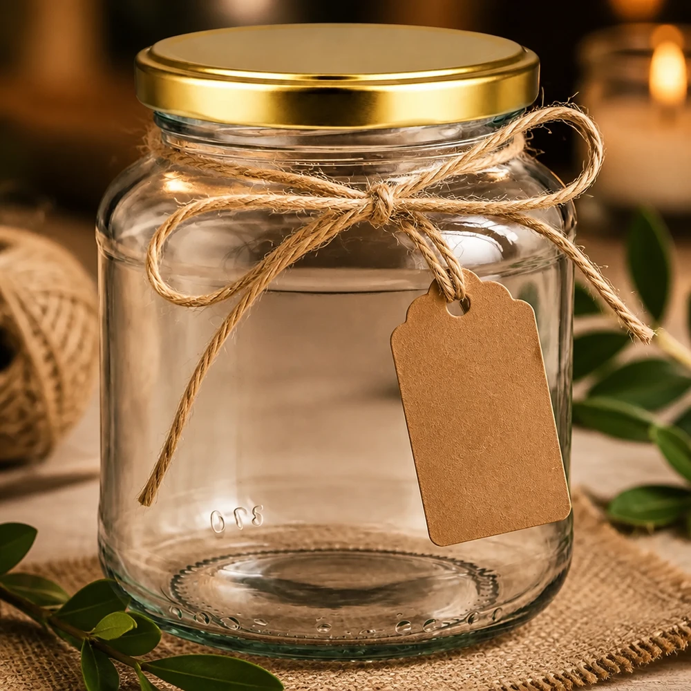 370ml Verre ovale avec couvercle BasicSeal or UNiTWIST 370ml verre ovale BasicSeal couvercle doré UNiTWIST vide avec cordon de jute étiquette cadeau décoration rustique