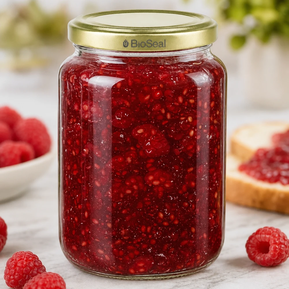 Pot à miel 1000 g avec couvercle doré BioSeal UNiTWIST Pot de miel de 1000g rempli de confiture de framboise rouge montre l'utilisation pratique pour la mise en conserve et la conservation