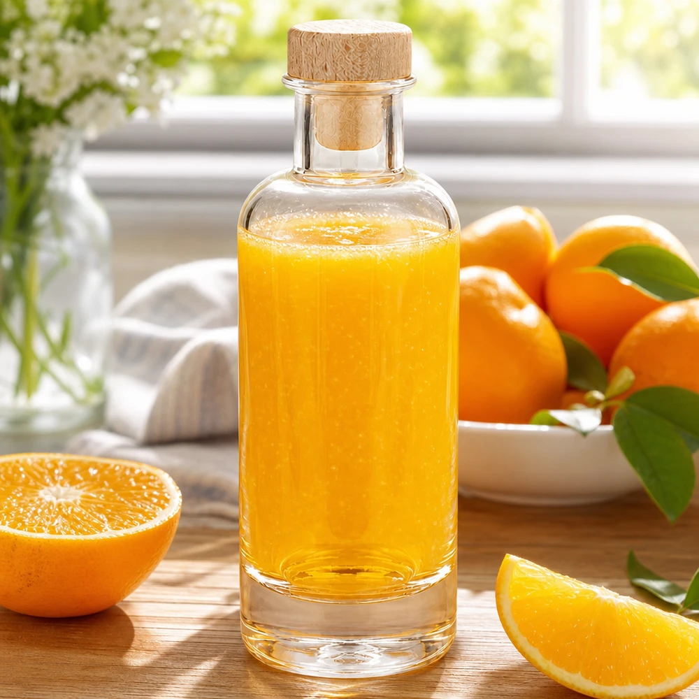 Bouteille en verre Ella de 200 ml avec bouchon en bois remplie de jus d'orange à côté d'oranges coupées sur une planche en bois