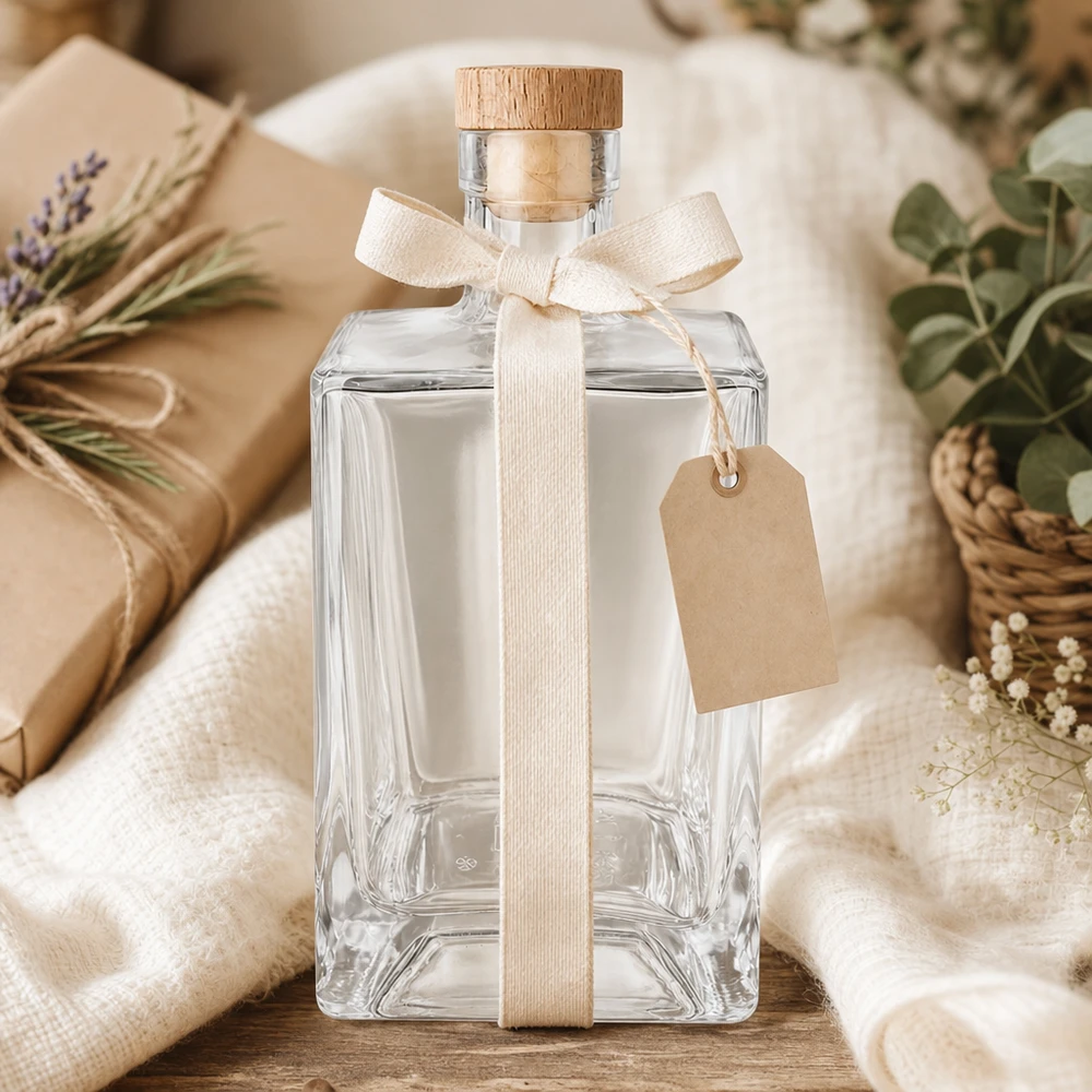 Bouteille en verre 700 ml « Ben » avec bouchon en bois UNiTWIST® Bouteille en verre Ben de 700ml décorée comme cadeau avec ruban crème Pendentif emballage naturel Bouchon en bois UNiTWIST