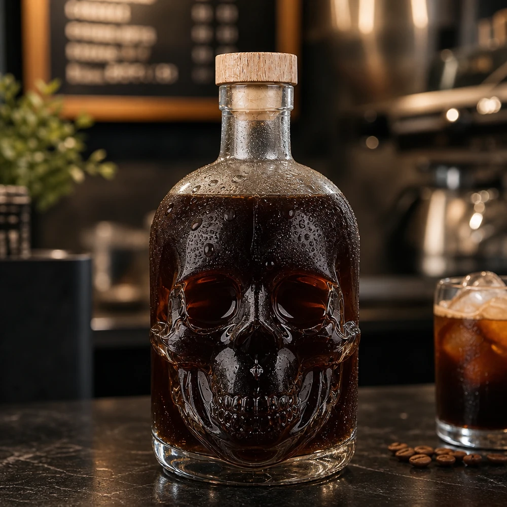 Bouteille en verre 500 ml « Jack » avec bouchon en bois UNiTWIST® Bouteille en verre Jack de 500ml au contenu sombre dans une cuisine moderne, relief de tête de mort avec gouttes d'eau et verre à cocktail