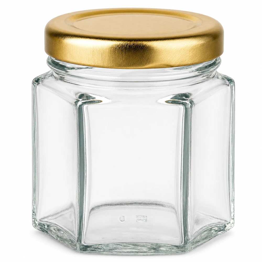 Pot à miel 60 g avec couvercle doré BasicSeal UNiTWIST Pot à miel hexagonal de 60g avec couvercle à visser doré BasicSeal UT transparent vide pour miel et confiture
