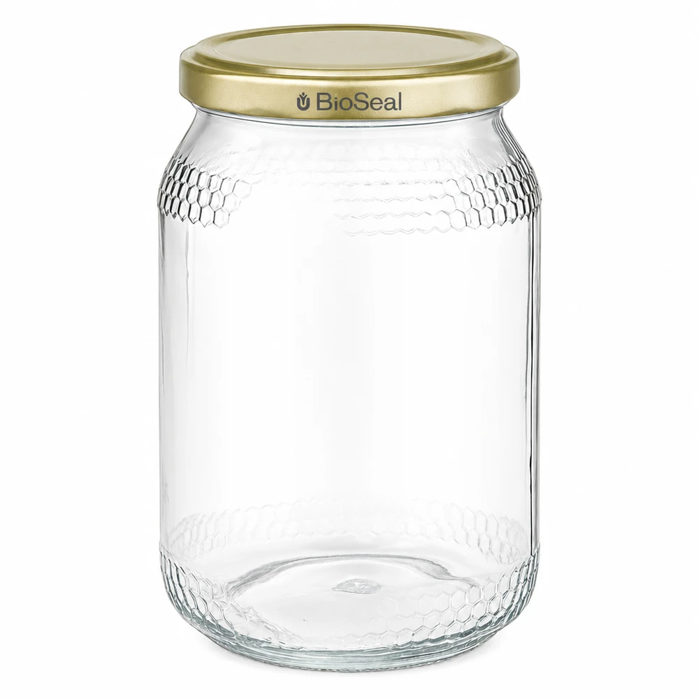 Pot à miel 900ml avec couvercle doré BioSeal UNiTWIST vide transparent Emballage pour miel d'apiculture