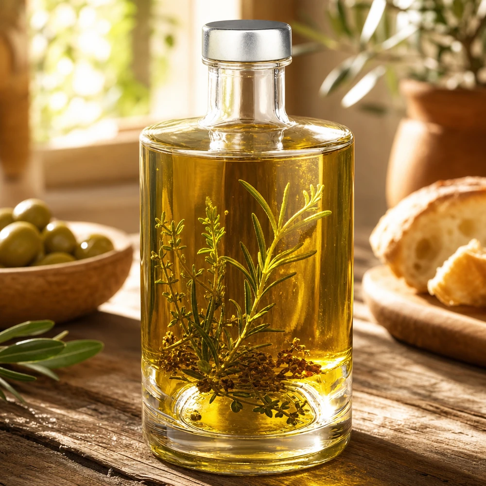 Bouteille en verre 375 ml « Sam » et bouchon à vis argenté UNiTWIST® 375ml Glasflasche Sam mit Kräuteröl und Rosmarin gefüllt - dekorative Spirituosenflasche für Küche und Genuss