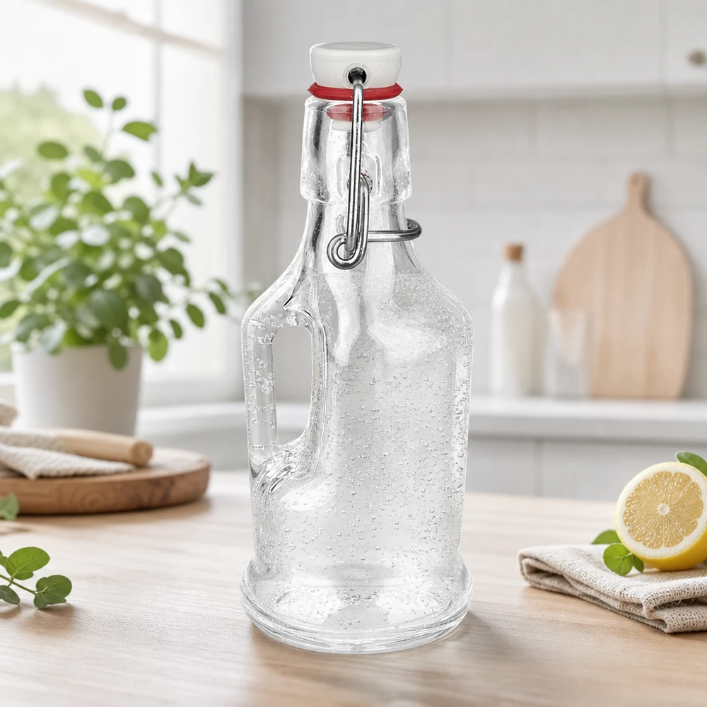 Bouteille en verre vide Bertha de 200ml avec gouttes d'eau et bouchon à étrier en porcelaine blanche sur plan de travail de cuisine UNiTW