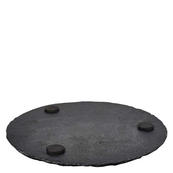 Plateau en ardoise rond Ø 150 mm Ardoise ronde 15cm avec trois pieds en caoutchouc noir pour une stabilité antidérapante sur fond blanc