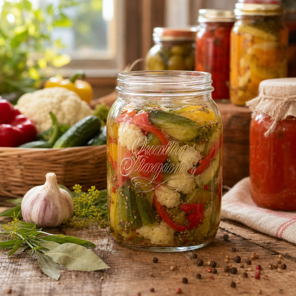 2000ml Verre rond 'Quattro Stagioni' QS110mm Quattro Stagioni 2000ml Bocal avec légumes marinés sur table en bois à côté d'ingrédients frais et d'autres conserves.