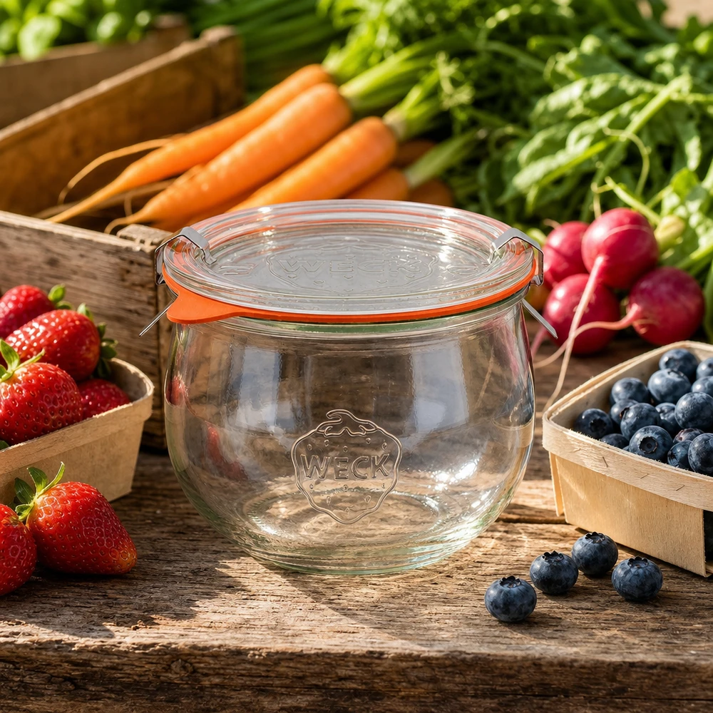 Bocal tulipe WECK complet entouré de fruits et légumes frais sur une table en bois