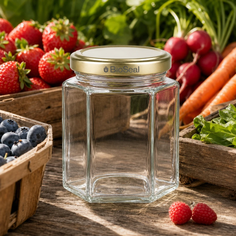 Pot à miel 250 g avec couvercle doré BioSeal UNiTWIST 250g pot de miel vide hexagonal BioSeal couvercle doré entre fruits et légumes frais sur bois rustique Matériel d'apiculture