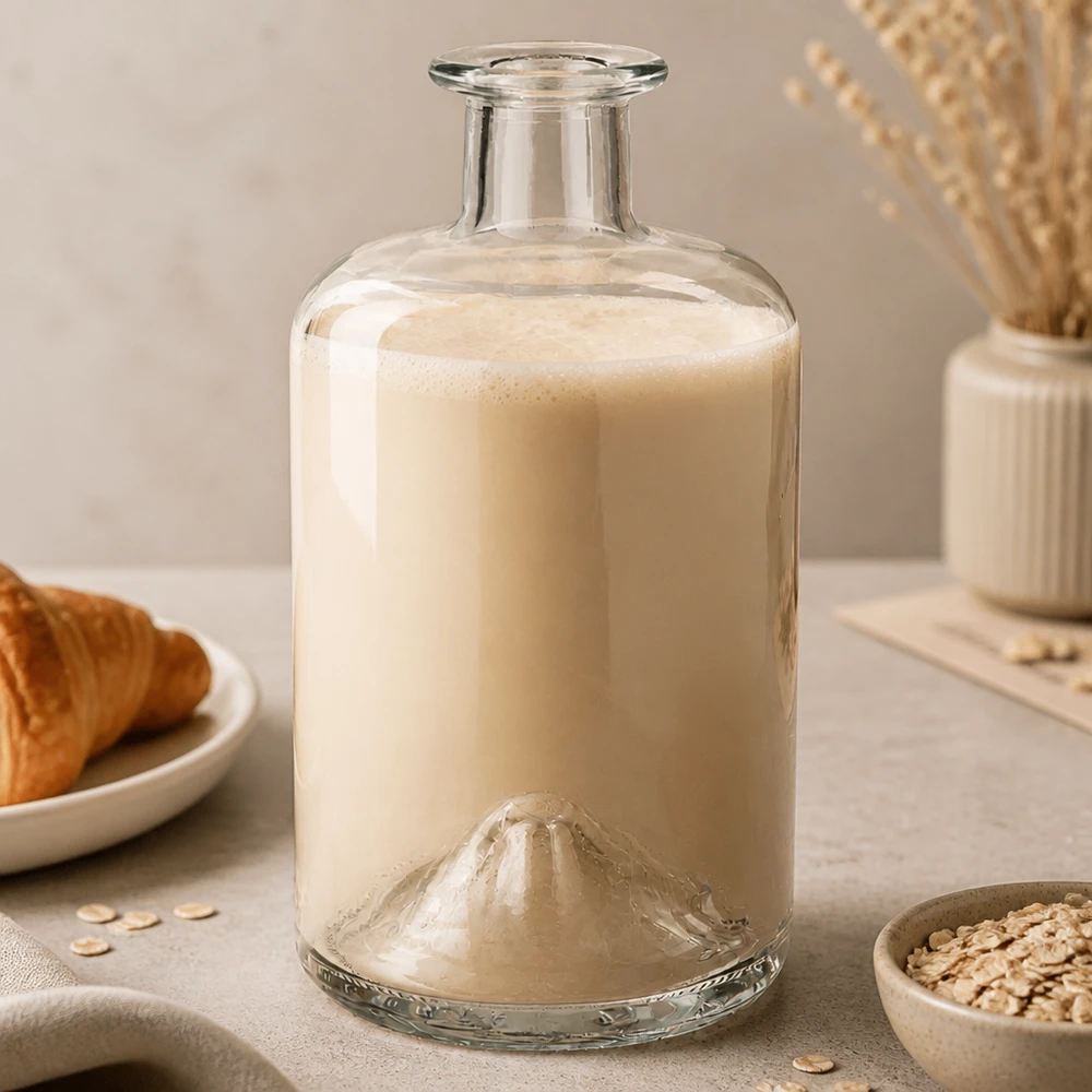 Bouteille de pharmacie Sofia de 500ml remplie de lait d'avoine Lifestyle Photographie de produit cuisine verre transparent vide
