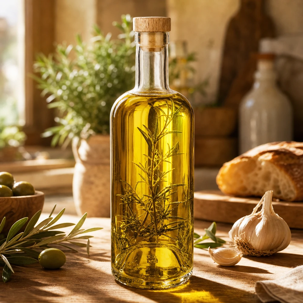 Bouteille en verre 750 ml « Emma » avec bouchon en bois UNiTWIST® 750ml Glasflasche Emma mit Holzkorken gefüllt mit Kräuteröl Rosmarin in mediterraner Küche mit Oliven Knoblauch Brot