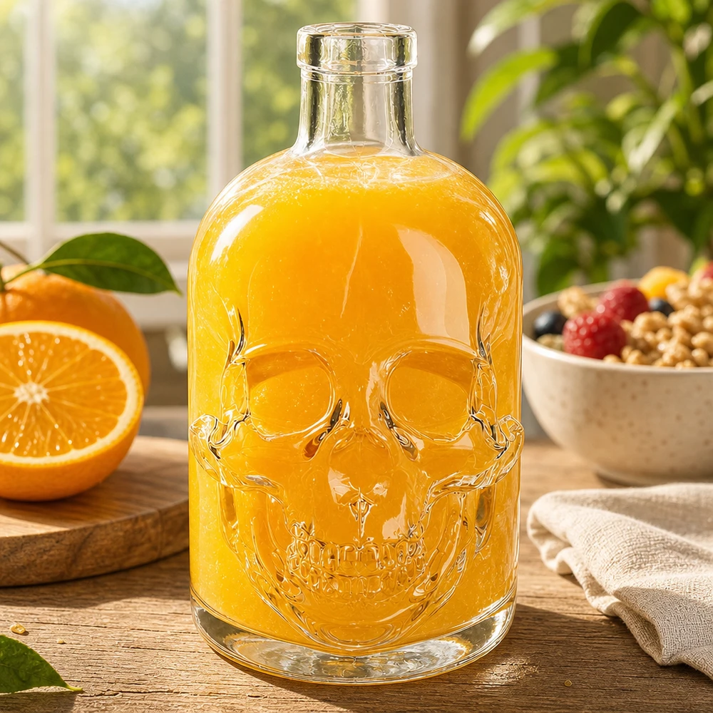 Bouteille en verre Jack 500ml remplie de jus d'orange Relief tête de mort Arrangement de table de cuisine sans bouchon UNiTWIST