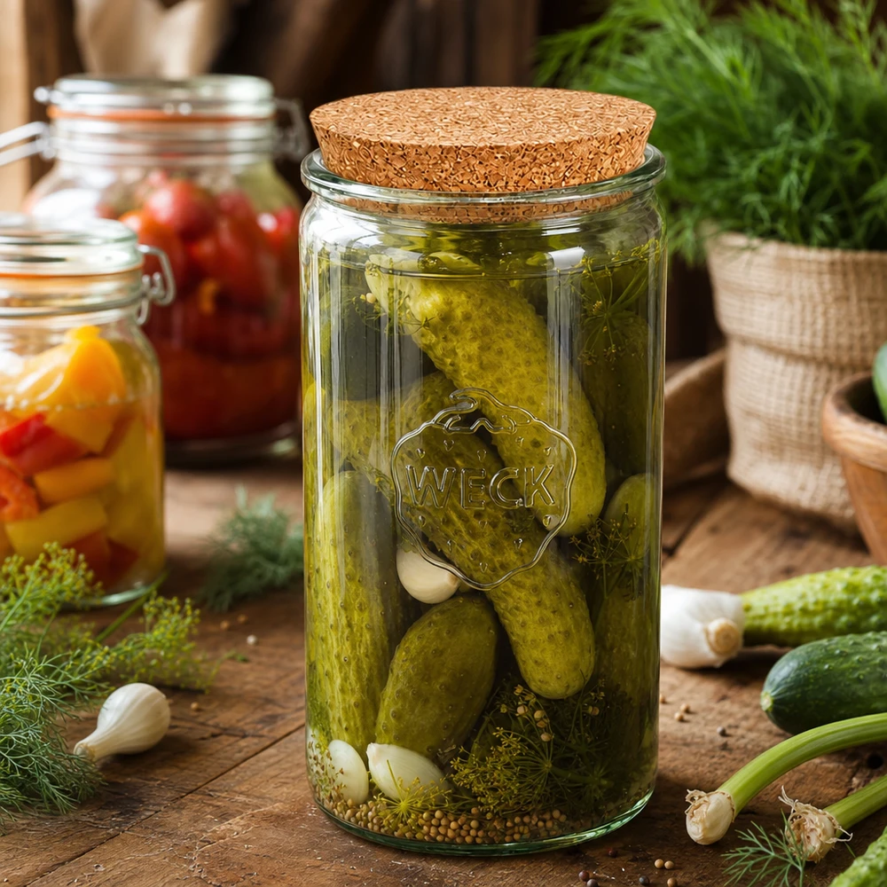WECK Pot de conserve 1590ml avec couvercle en liège rempli de cornichons marinés et d'épices sur table en bois