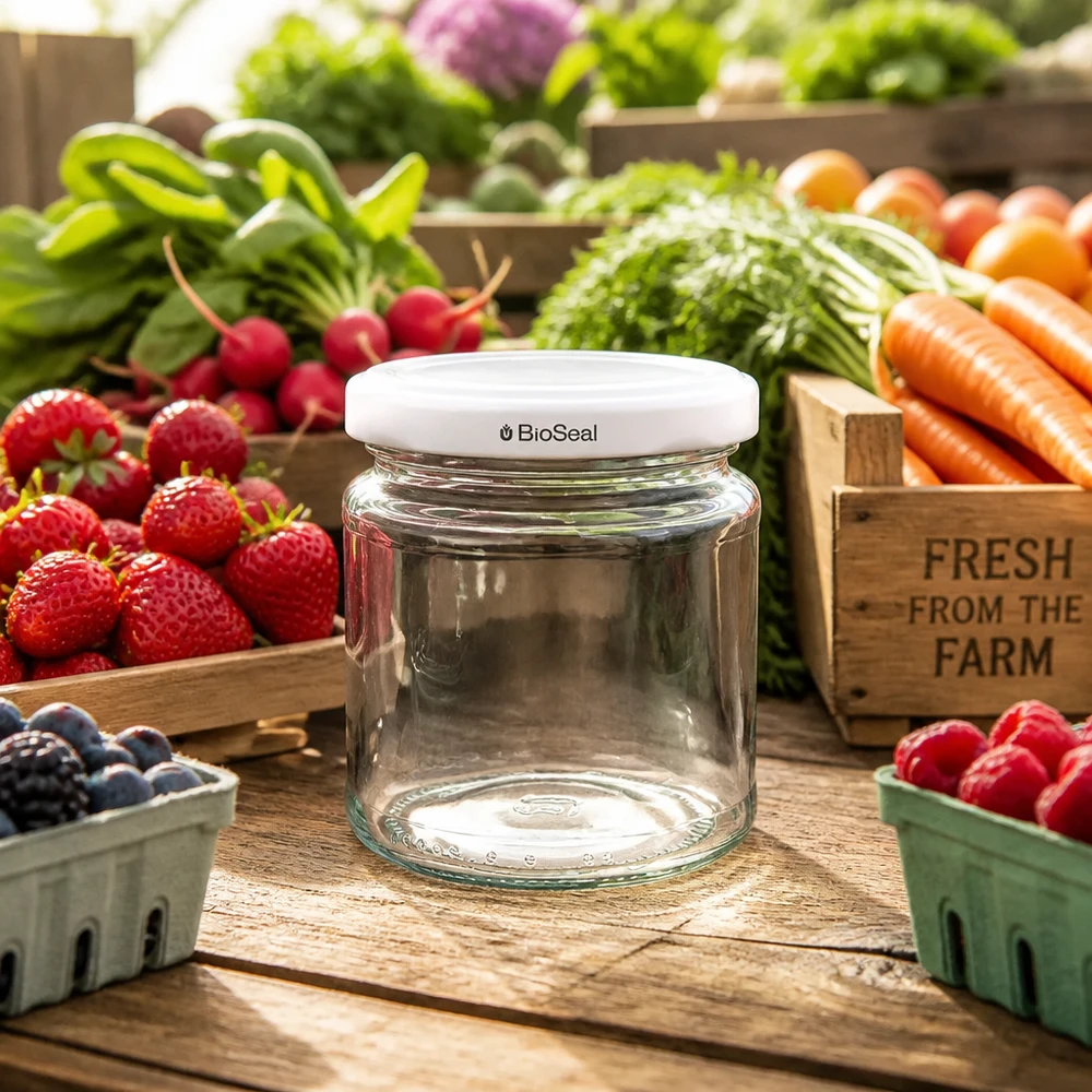 UNiTWIST Runda212 Pot de conservation parmi des fruits et légumes frais sur une table en bois rustique style marché fermier