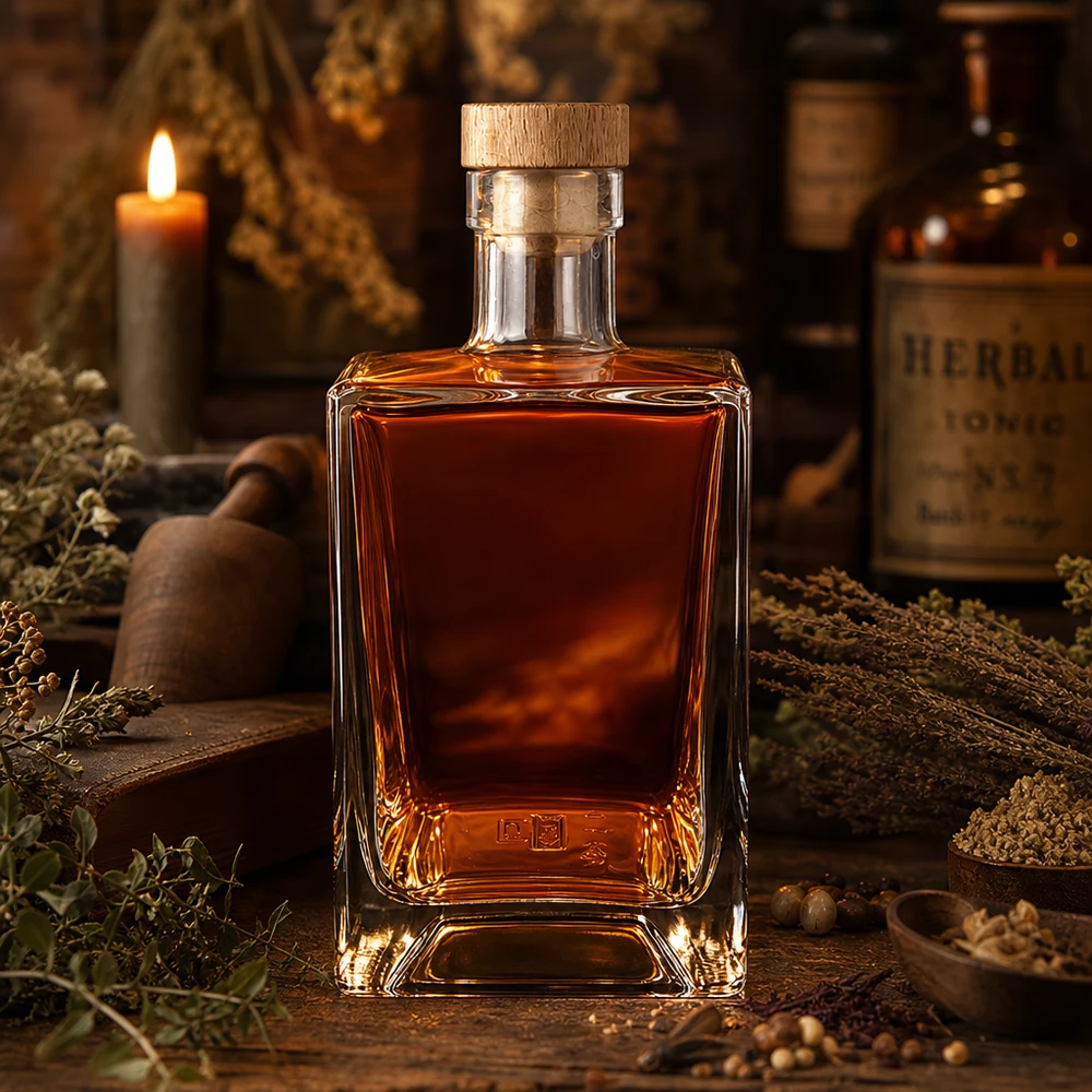 Bouteille en verre de 700ml Ben remplie de whisky bougie rustique aux herbes ambiance brune spiritueux bouchon en bois UNiTWIST