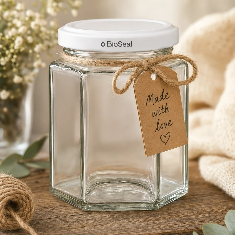 196ml Verre hexagonal avec couvercle BioSeal blanc UNiTWIST