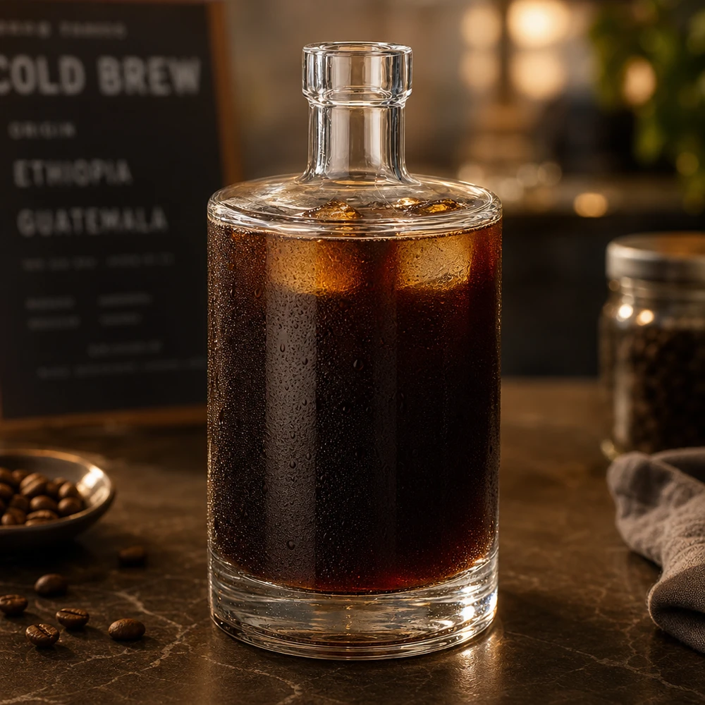 Bouteille en verre Marie de 500 ml remplie de café Cold Brew, convenant aux boissons froides et à l'ambiance café.